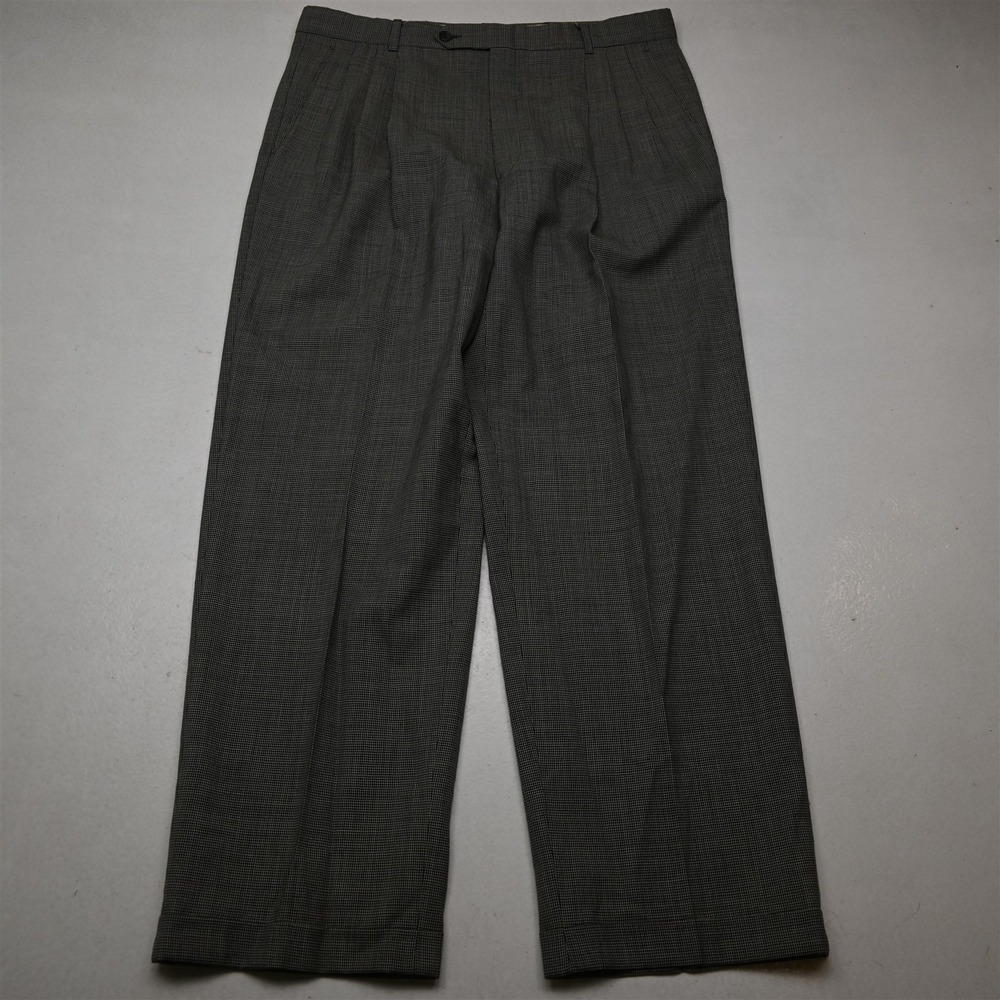 Vtg Bespoke‎ 34x32 Gray Micro Houndstooth Wool Pleated Cuffed Baggy Mens Pants